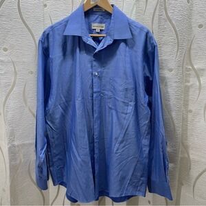 Pronto Uomo Dress‎ Shirt Mens 16 34/35 Blue Non-Iron 80s 2-Ply Cotton